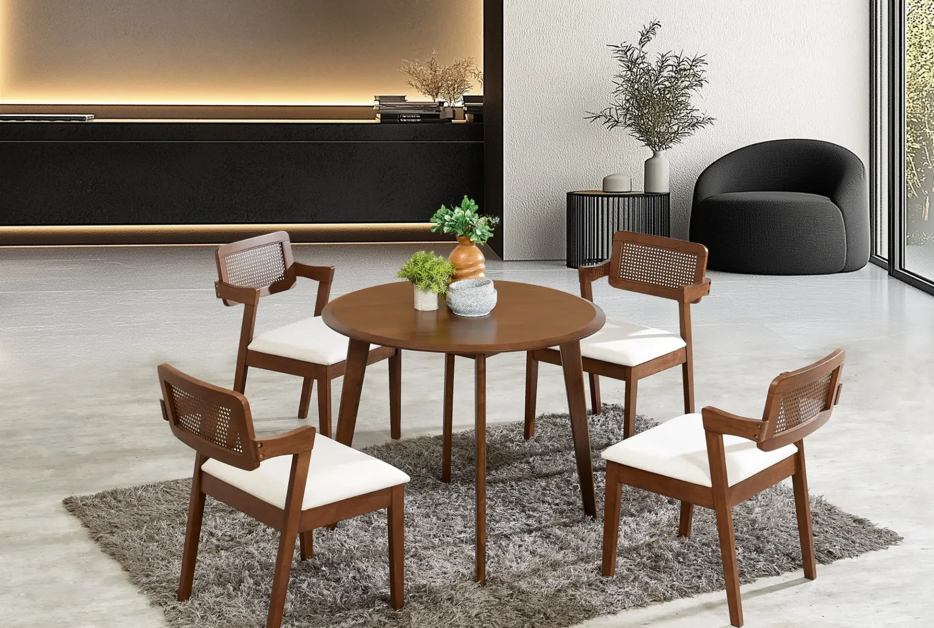 Round walnut dining set, 1 table and 4 chairs
